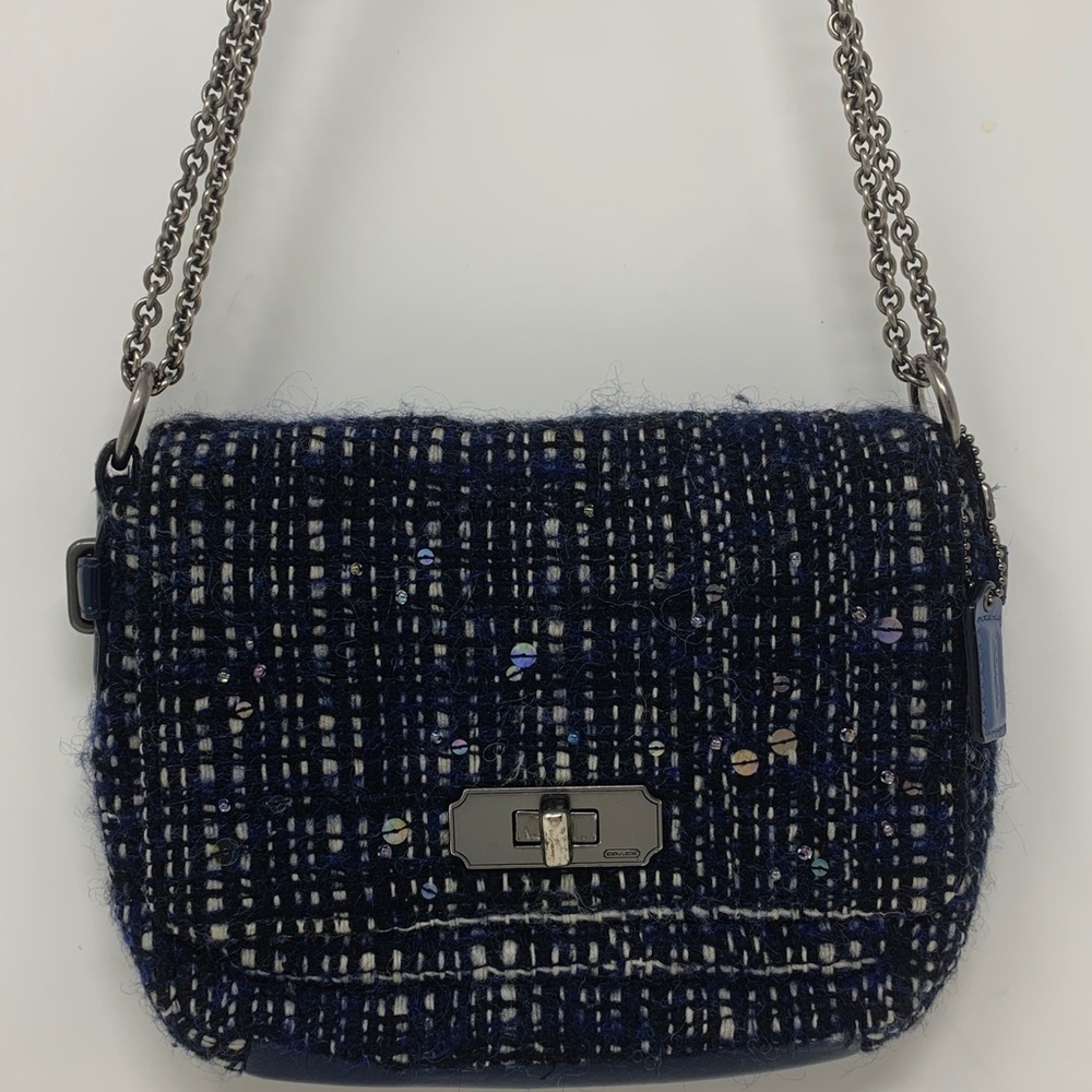 Coach Chelsea Boucle Navy Blue Rare Tweed Sequin Purse Chain Strap Handbag
